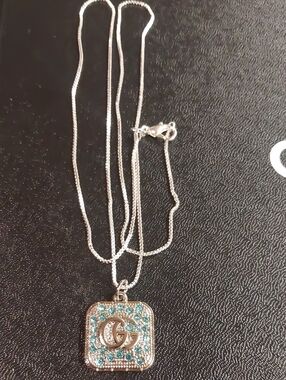 GG Silver Square Charm Pendant Necklace with Turquoise Crystals 925 SS